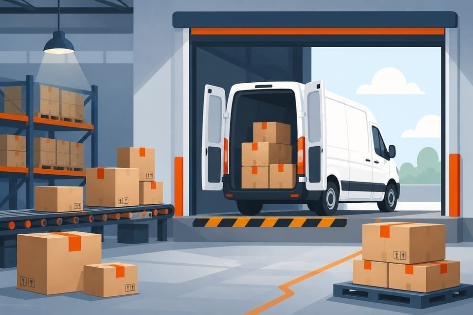 Illustrated warehouse dock with parcels ready for last-mile dispatch