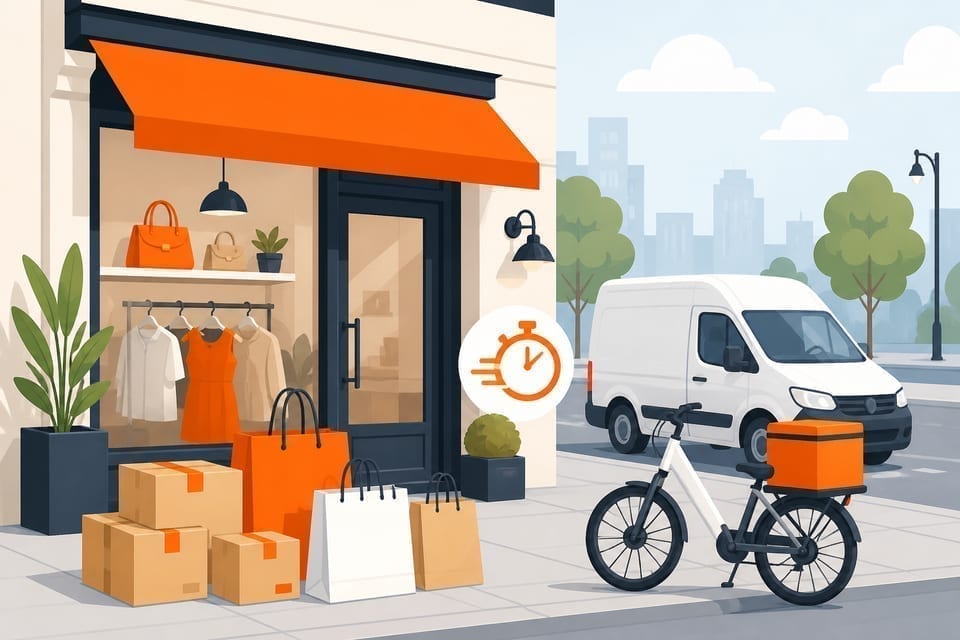 Illustrated retail storefront with parcels ready for same-day pickup