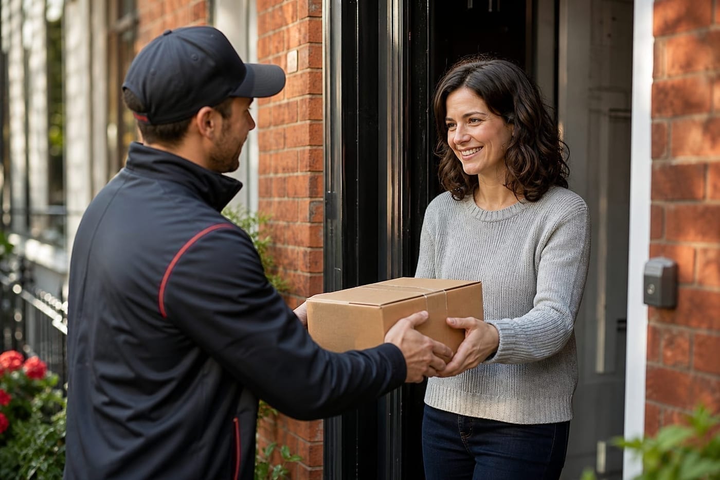 LastMile courier handing a parcel to a customer at their door