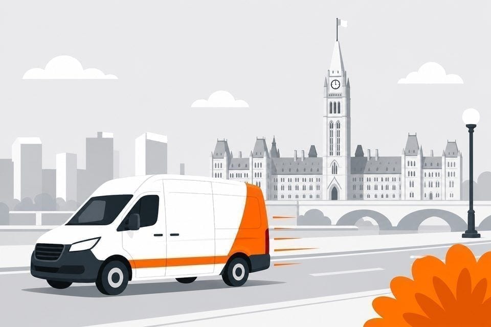 Ottawa skyline with Parliament Hill and a Last Mile Express van