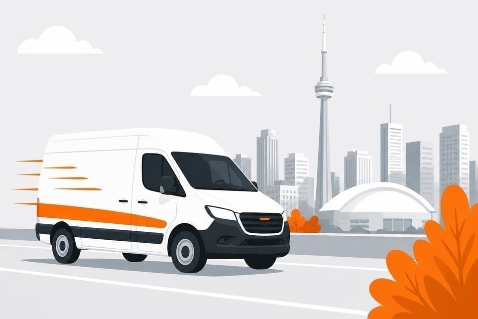 Toronto skyline with the CN Tower and a Last Mile Express van